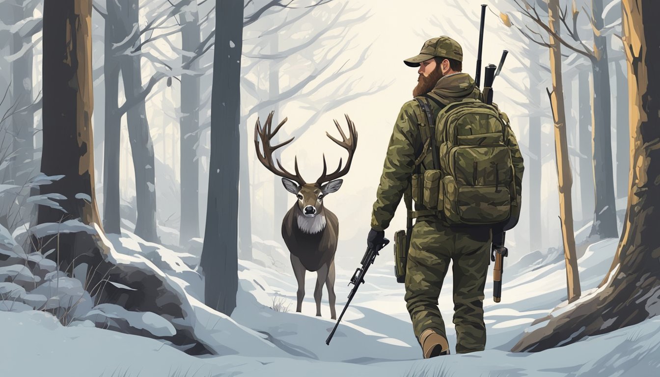 A hunter in camouflage navigating through a dense forest, rifle in hand, while a majestic deer cautiously grazes in the distance