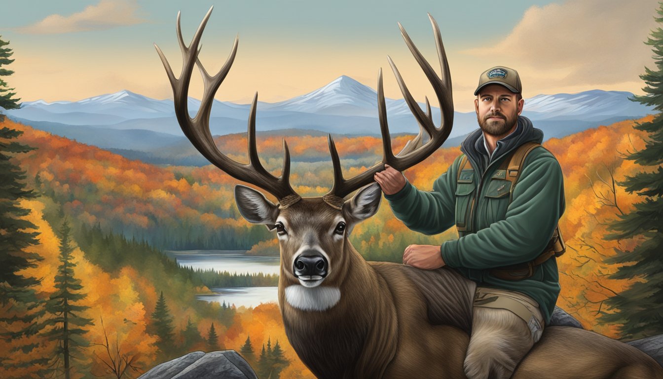 A hunter in Maine with a record-breaking deer, holding a trophy and surrounded by forest and mountains