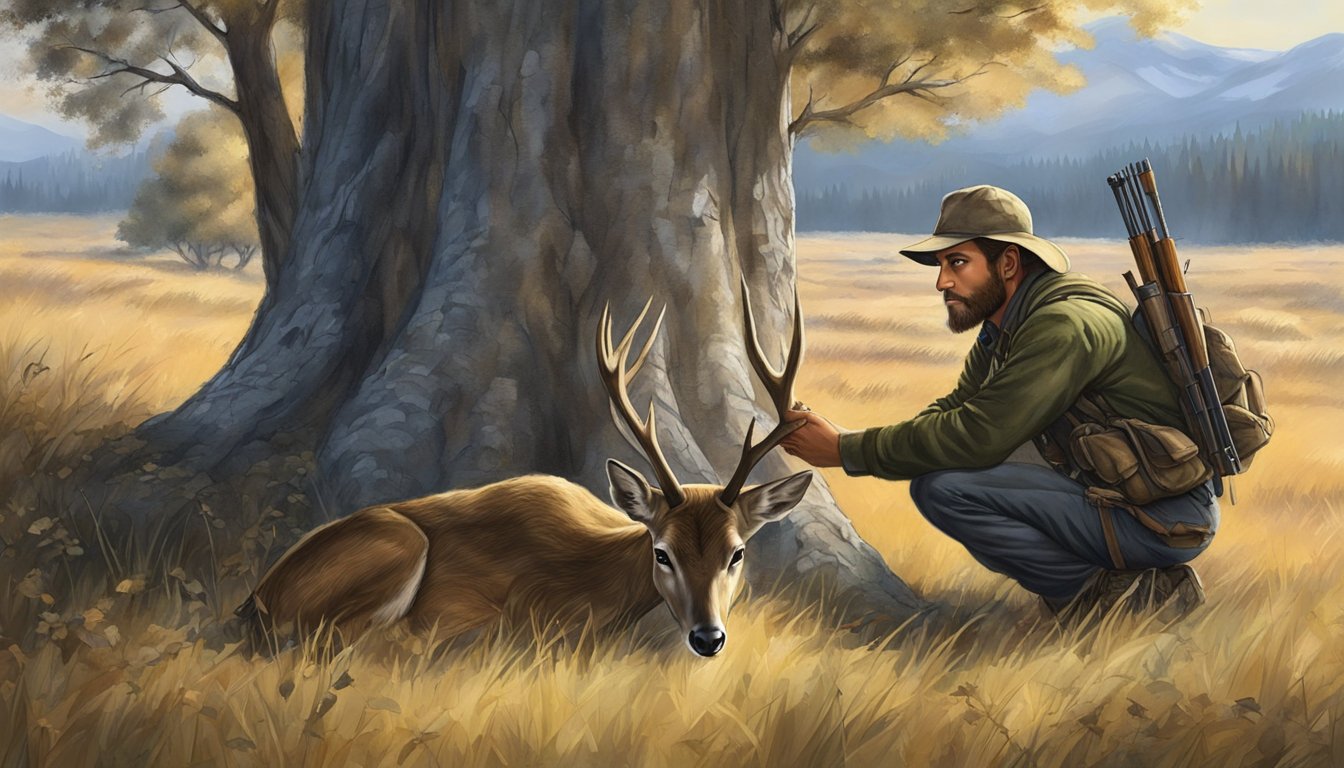 A hunter crouches behind a tree, bow drawn, eyes fixed on a grazing deer in the Montana wilderness