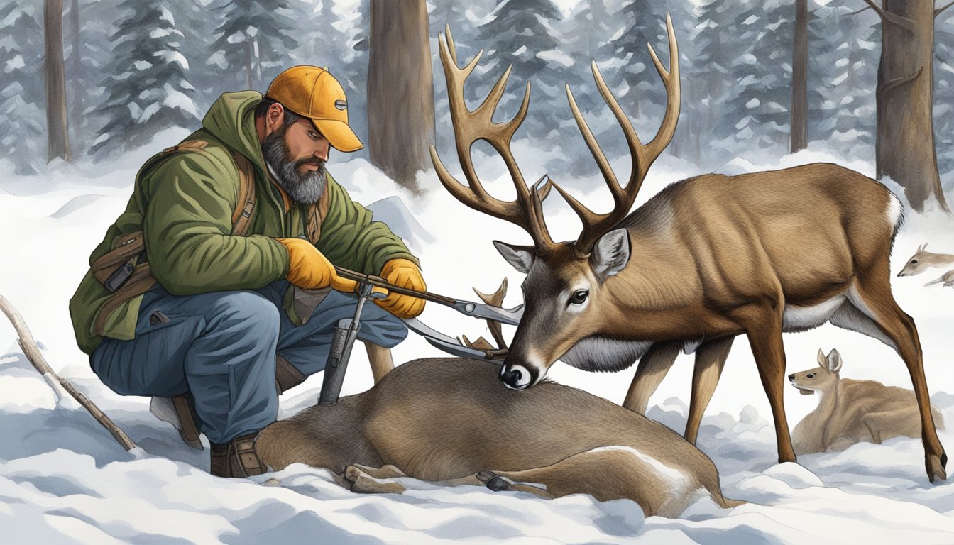 A hunter cleaning and dressing a deer in the Montana wilderness