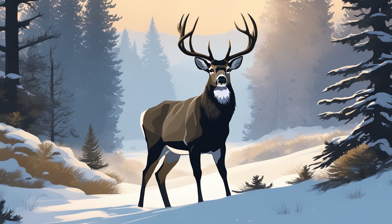 A majestic buck stands alert in a snow-dusted Montana forest, its antlers silhouetted against the evening sky