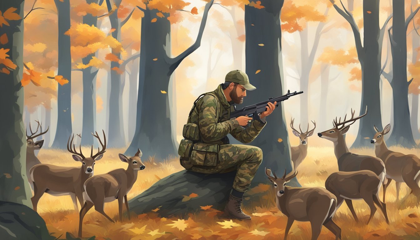 A hunter in a camouflage jacket and hat crouches behind a tree, aiming a rifle at a group of deer grazing in a clearing. The forest is dense with autumn foliage