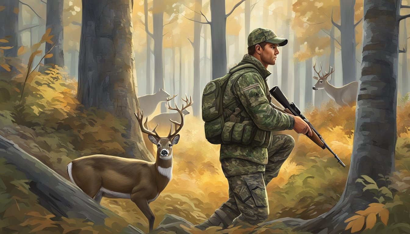 A hunter in camouflage aims a rifle at a white-tailed deer in a dense Michigan forest