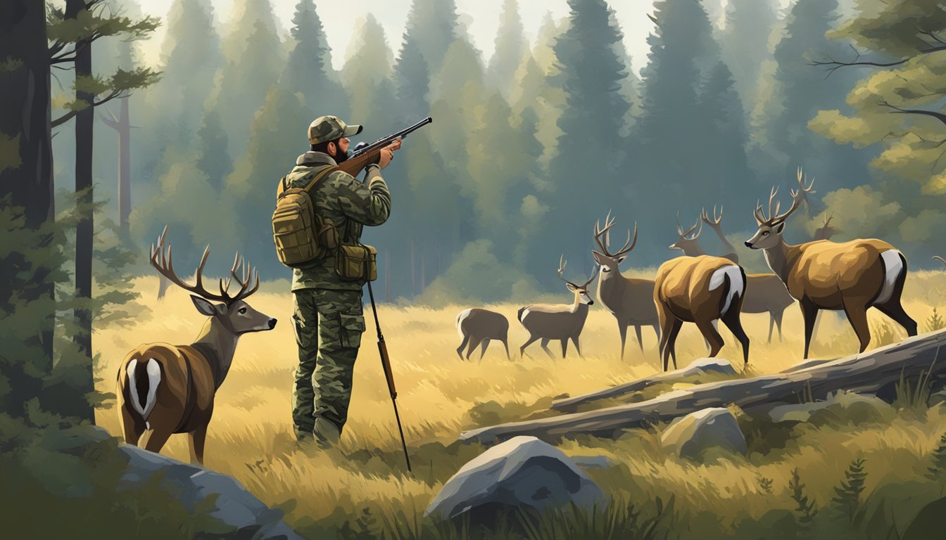 A hunter in camouflage stands in a forest clearing, aiming a rifle at a group of deer grazing in the distance