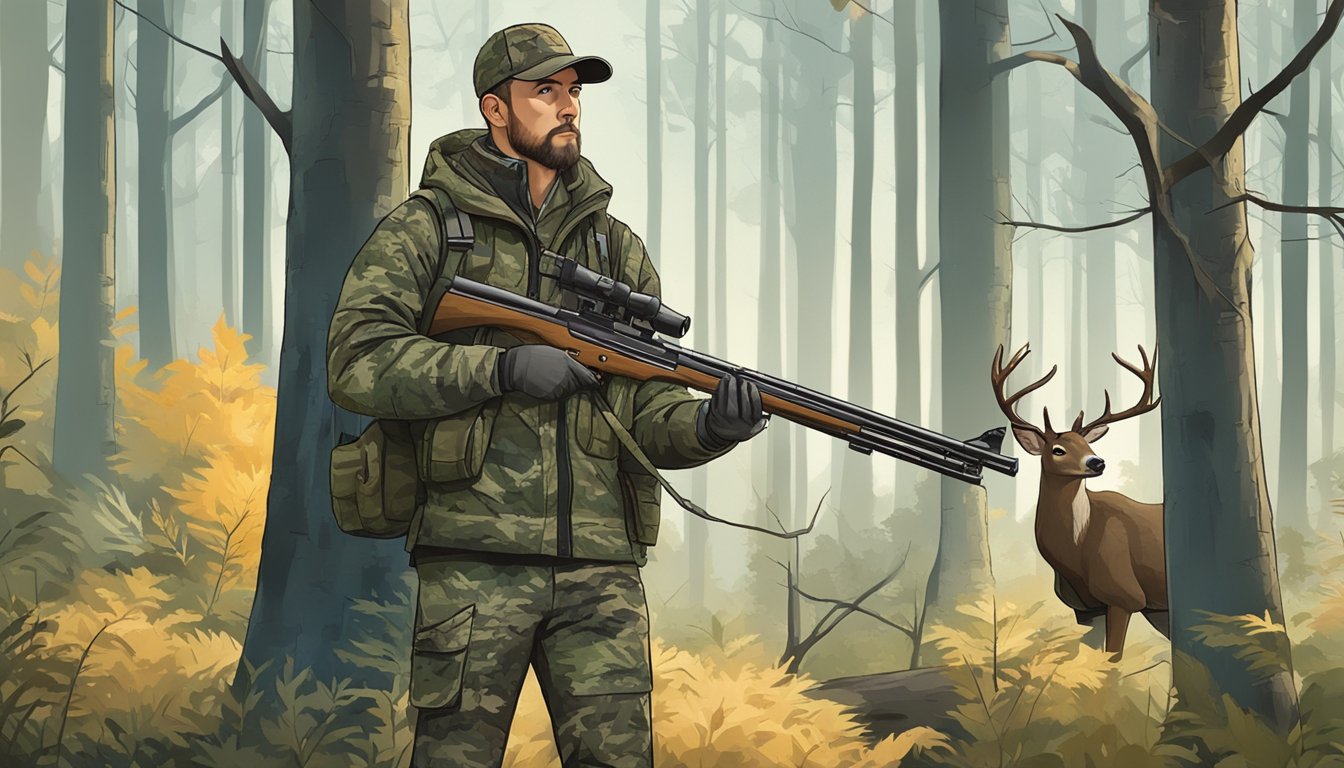 A hunter in camouflage clothing holding a rifle and standing in a forest clearing, with a deer in the background