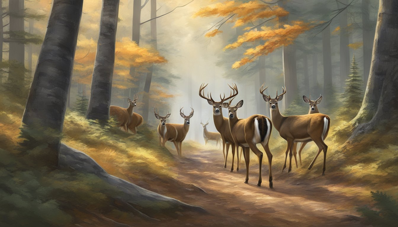 A group of white-tailed deer roam through a forest in New Hampshire, as hunters adhere to seasonal limitations for deer hunting