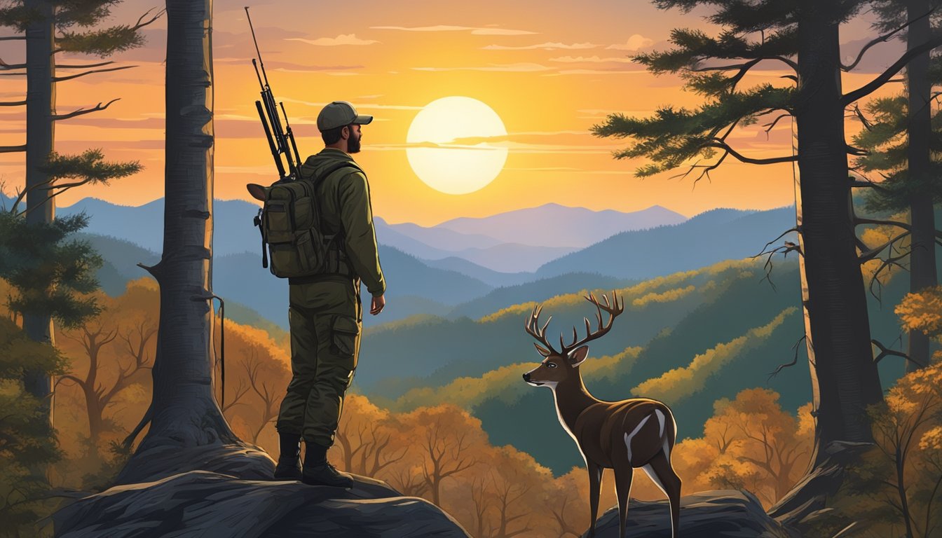 A hunter in a tree stand, surrounded by dense forest, aims at a white-tailed deer in the distance. The sun sets behind the mountains