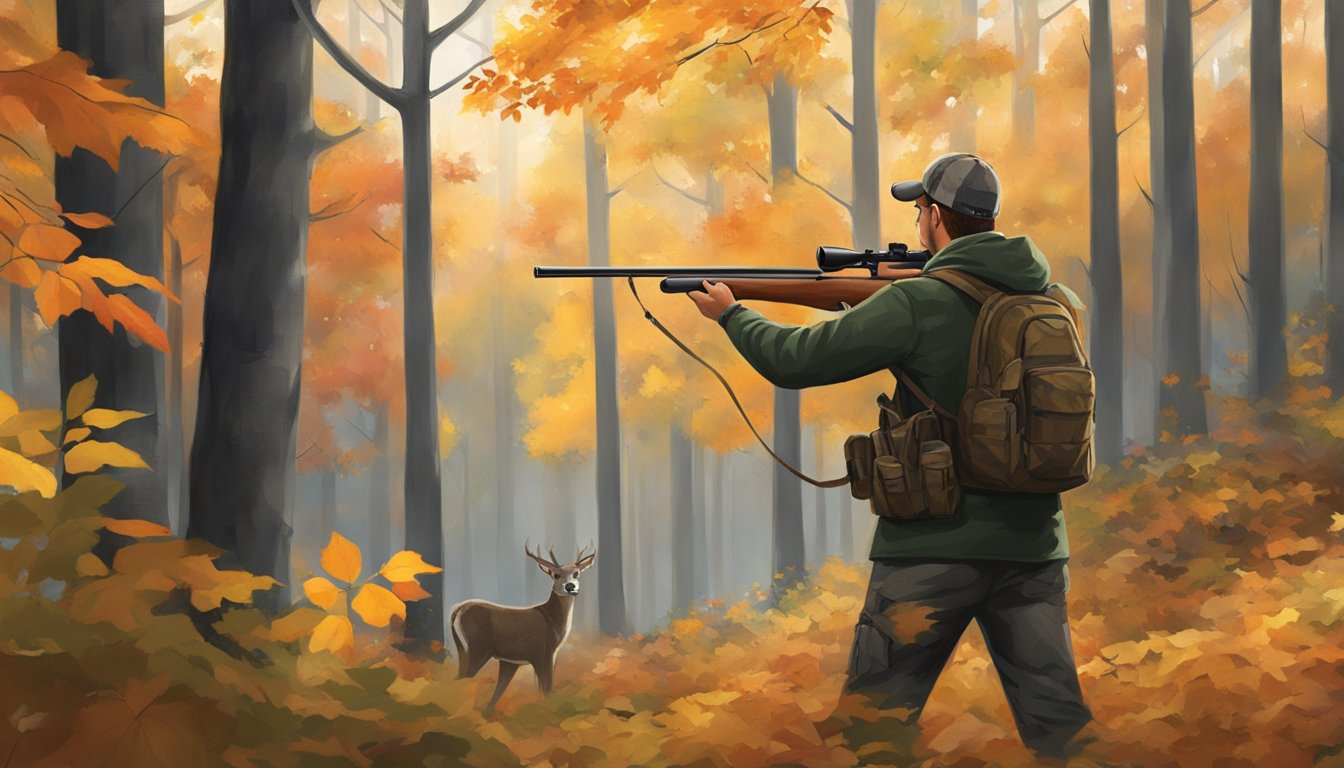 A hunter in Michigan waits in a tree stand, surrounded by autumn foliage and the quiet stillness of the forest, anticipating the perfect moment to take aim at a deer