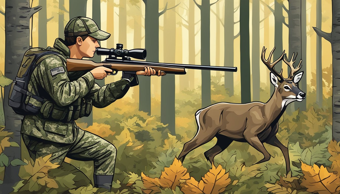 A hunter in camouflage aiming at a deer in a forest clearing, with a sign indicating hunting regulations in New Hampshire