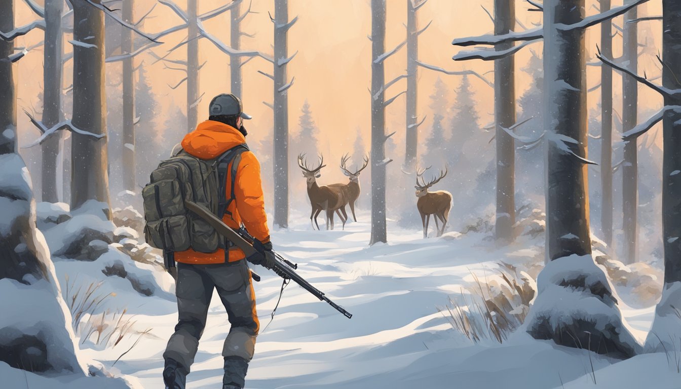 A hunter in orange gear walks through a snowy forest with a rifle, keeping a safe distance from other hunters