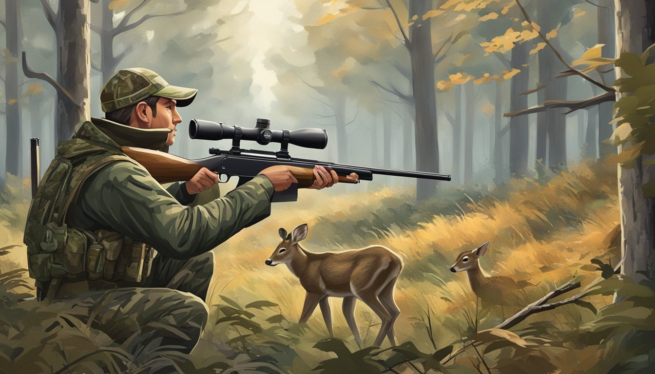 A hunter in camouflage aiming a rifle at a deer in a wooded area