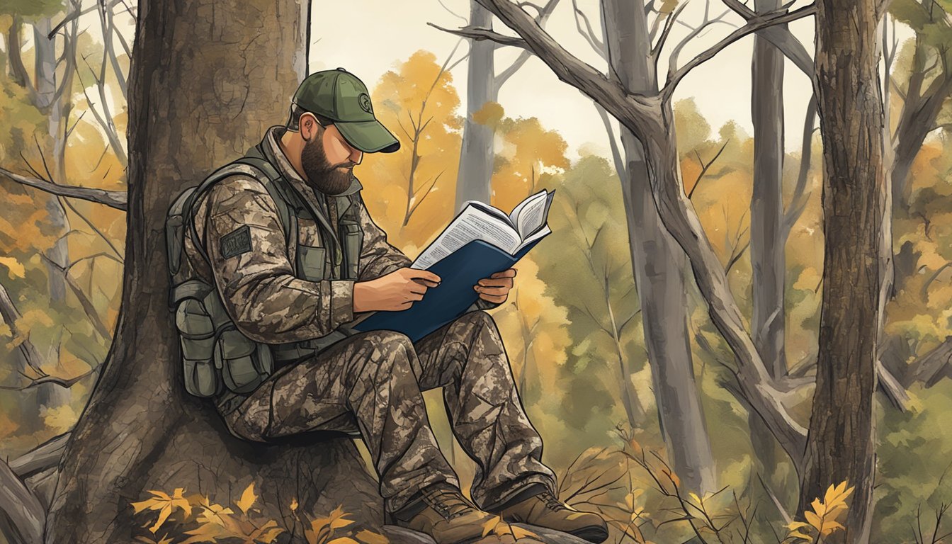 A hunter in camouflage reading a Missouri deer hunting regulations booklet while sitting in a tree stand