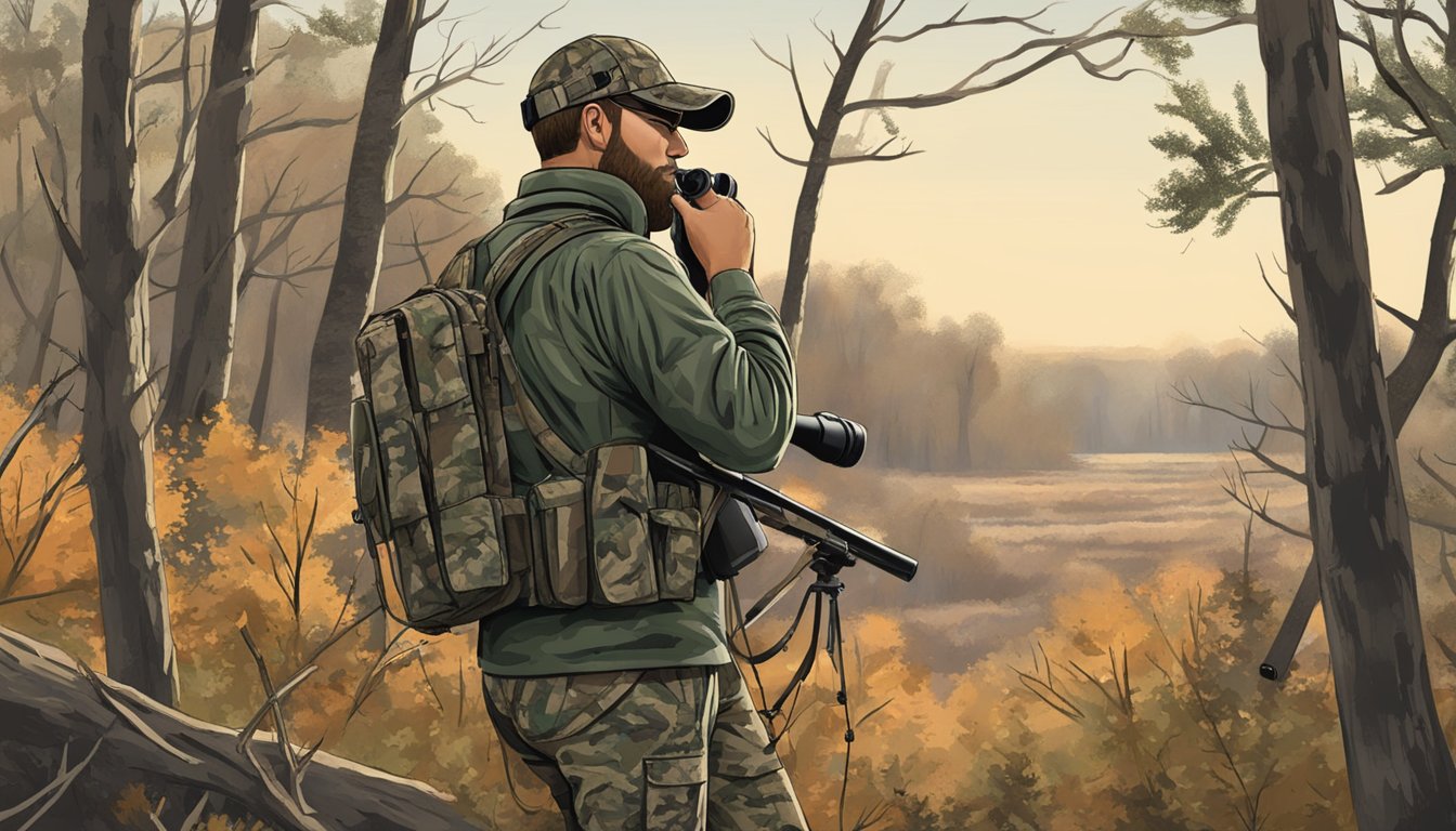 A hunter in camouflage gear stands in a wooded area, surveying the landscape with binoculars. A rifle is slung over their shoulder as they plan their deer hunt in Oklahoma