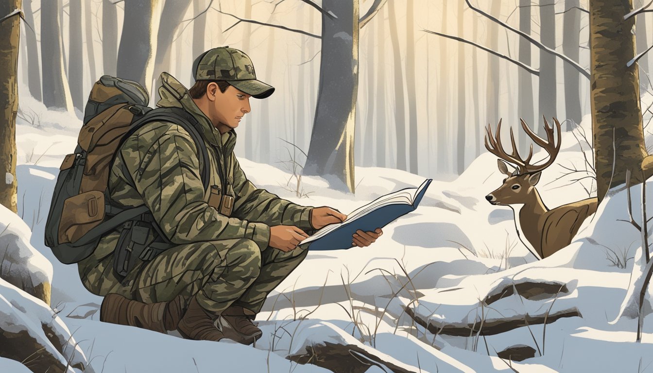 A hunter in camouflage reading a New York hunting regulations booklet in a forest clearing, with a rifle and deer tracks nearby