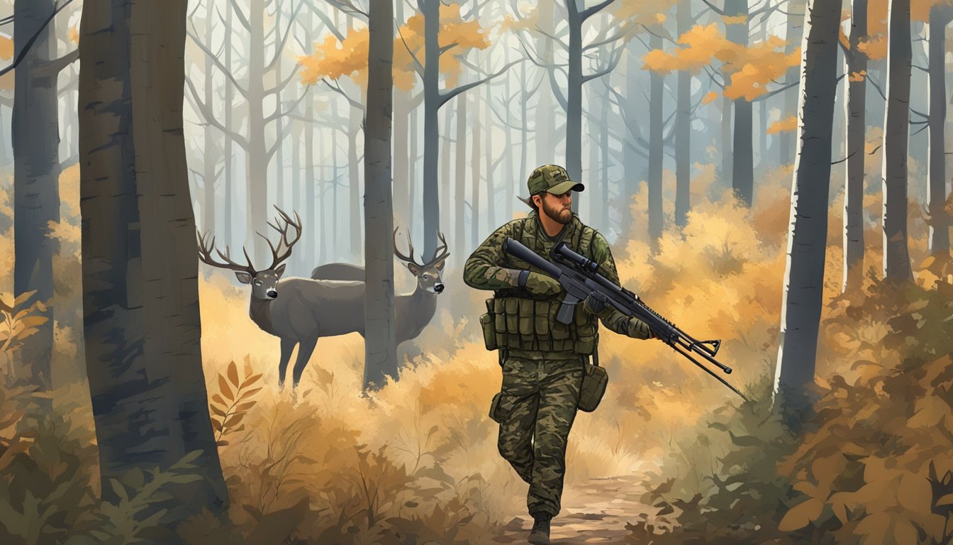 A hunter in camouflage with a rifle stealthily tracking a deer through the dense Oklahoma forest