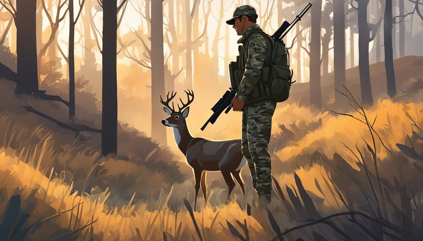 A hunter in camouflage aims a rifle at a deer in a wooded area of Oklahoma. The sun sets behind them, casting long shadows