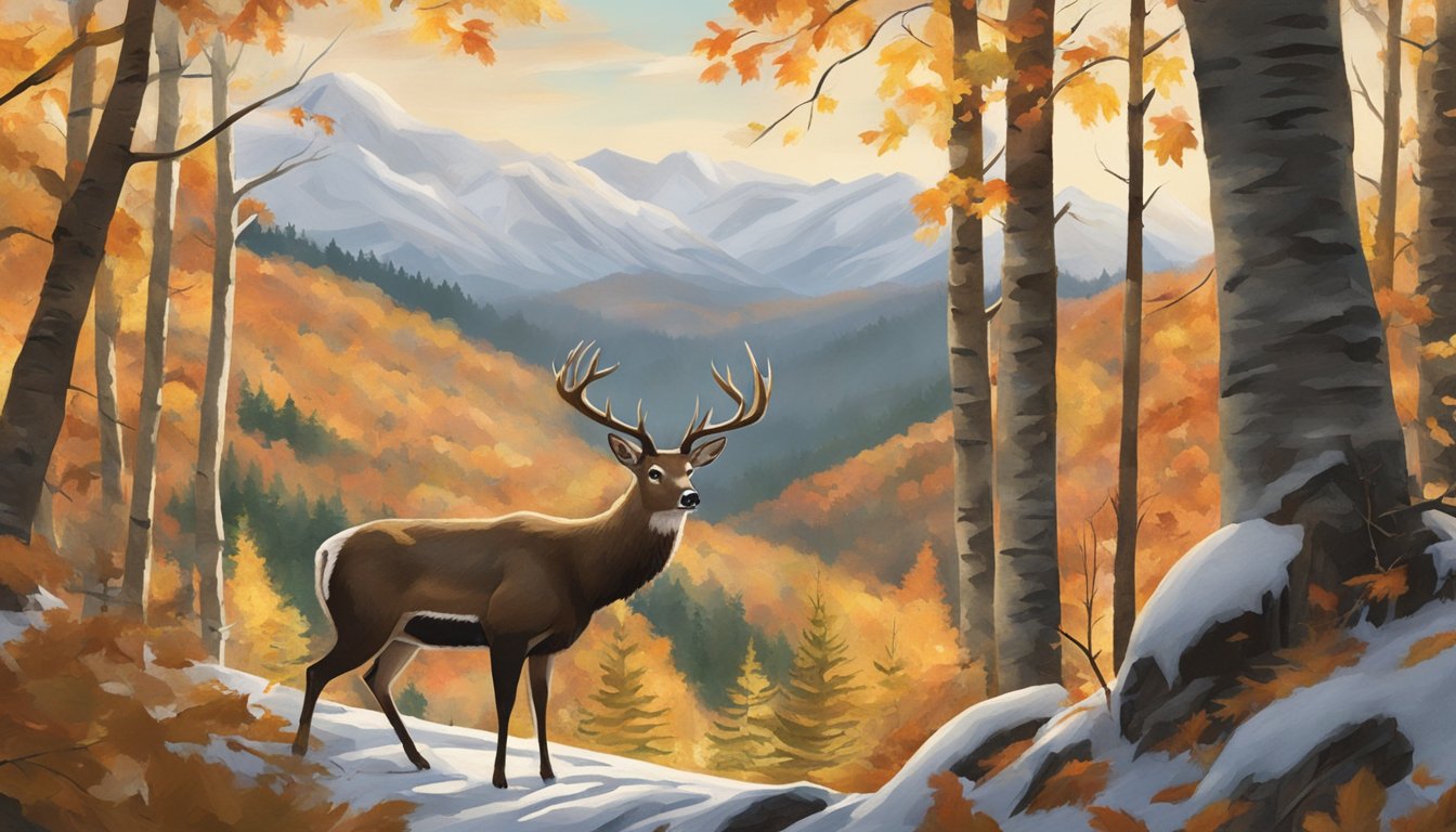 A hunter in a forest, surrounded by autumn leaves and snow-capped mountains, aims at a deer in upstate New York