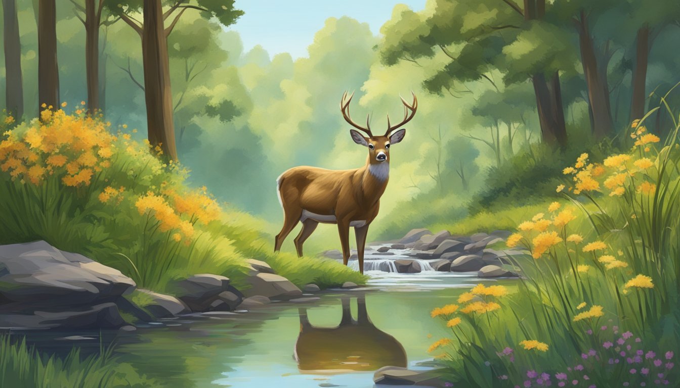 A lush forest with tall grasses, oak trees, and wildflowers. A deer grazes near a babbling stream