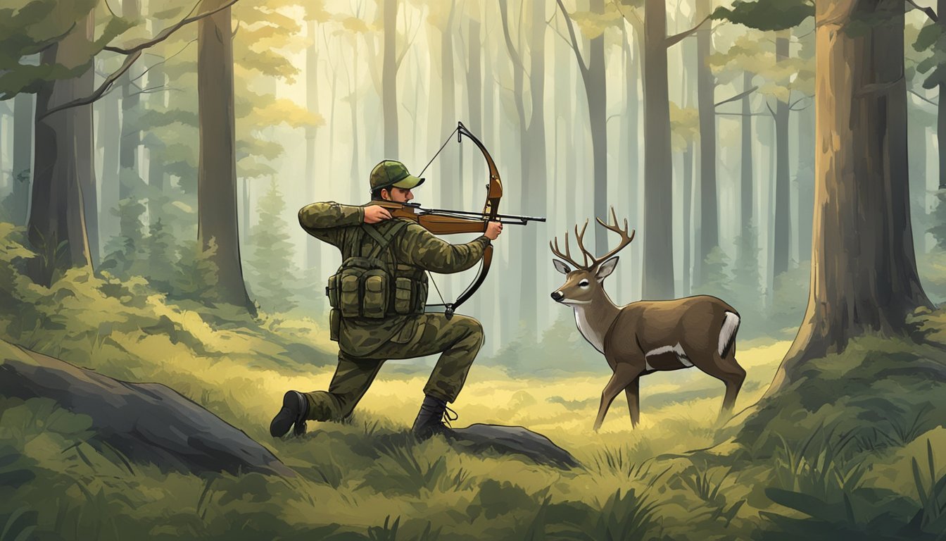 A hunter in camouflage aims a bow at a deer in a forest clearing, mindful of ethical hunting practices in New York