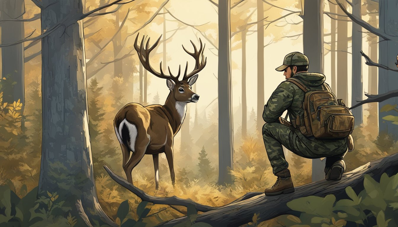 A hunter in camouflage waits in a tree stand, overlooking a forest clearing. A deer cautiously grazes, while the hunter patiently waits for the perfect shot