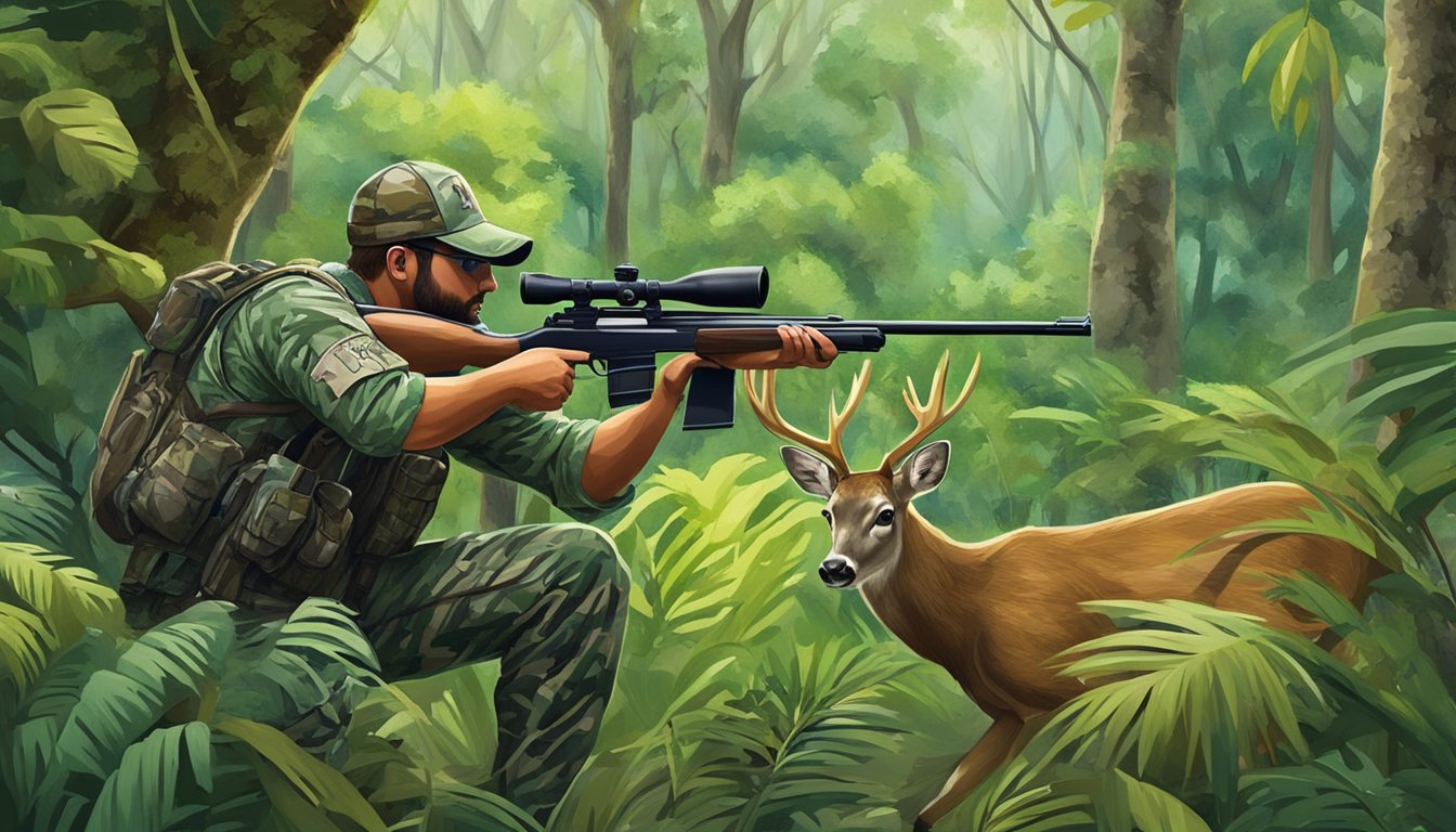 A hunter in camouflage aiming a rifle at a deer in a lush, forested area of Puerto Rico