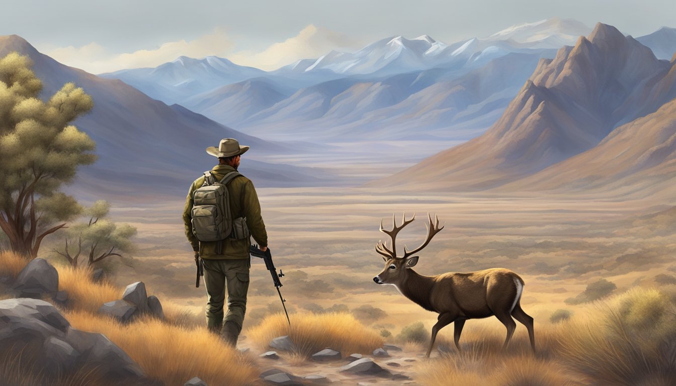 A hunter stalking a deer through the rugged Nevada landscape, with mountains in the distance and sparse vegetation around