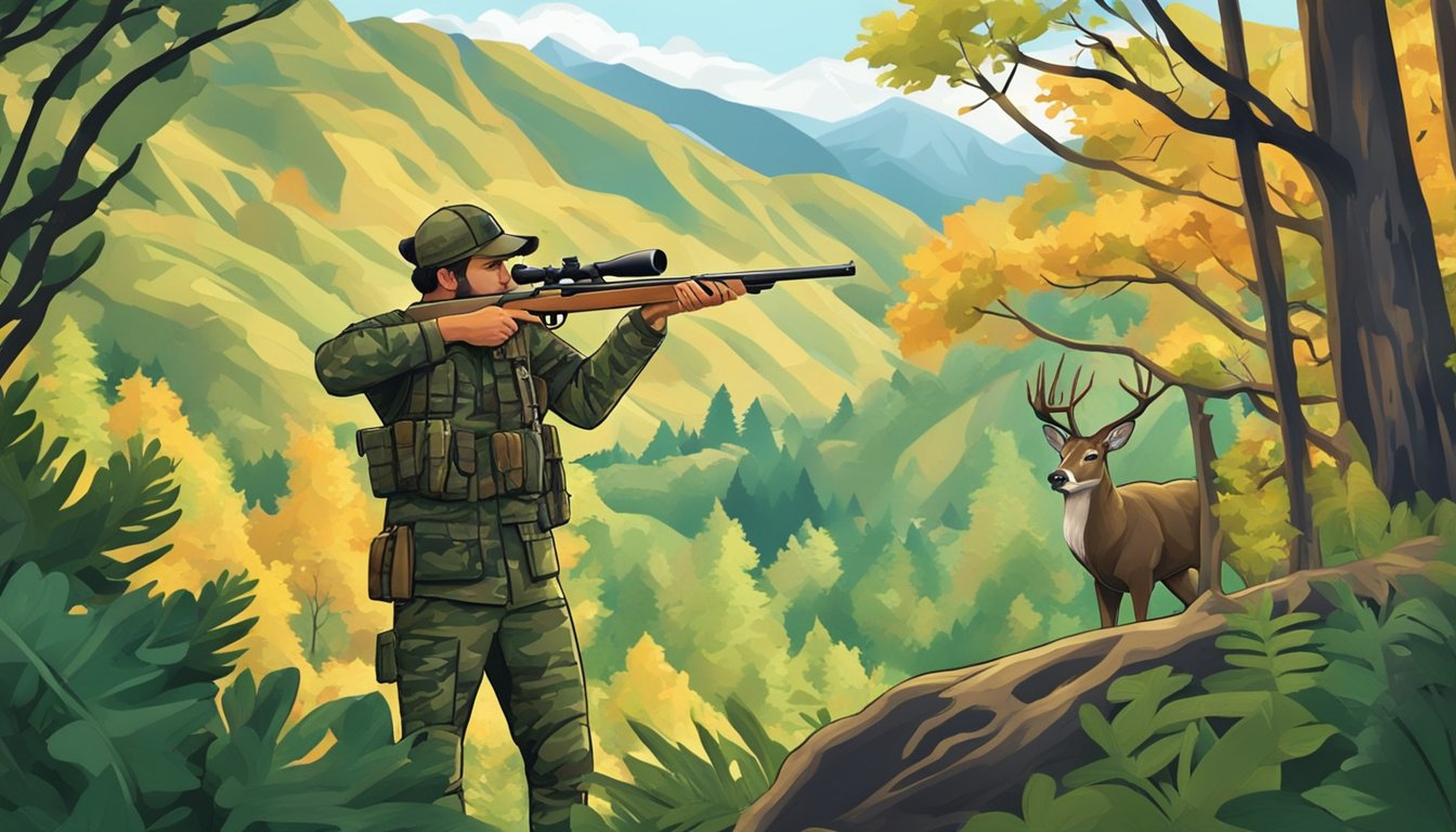 A hunter in camouflage aiming a rifle at a deer in a lush forest with mountains in the background