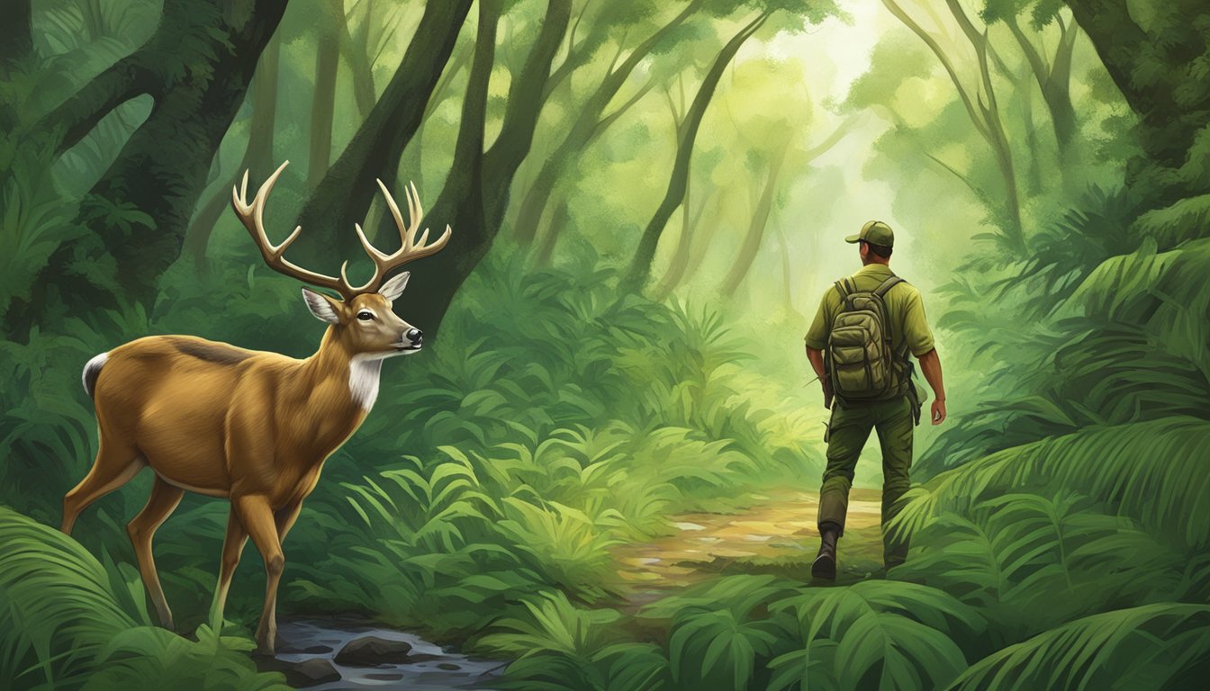 A hunter silently stalking through lush Puerto Rican forest, bow in hand, eyes fixed on a grazing deer