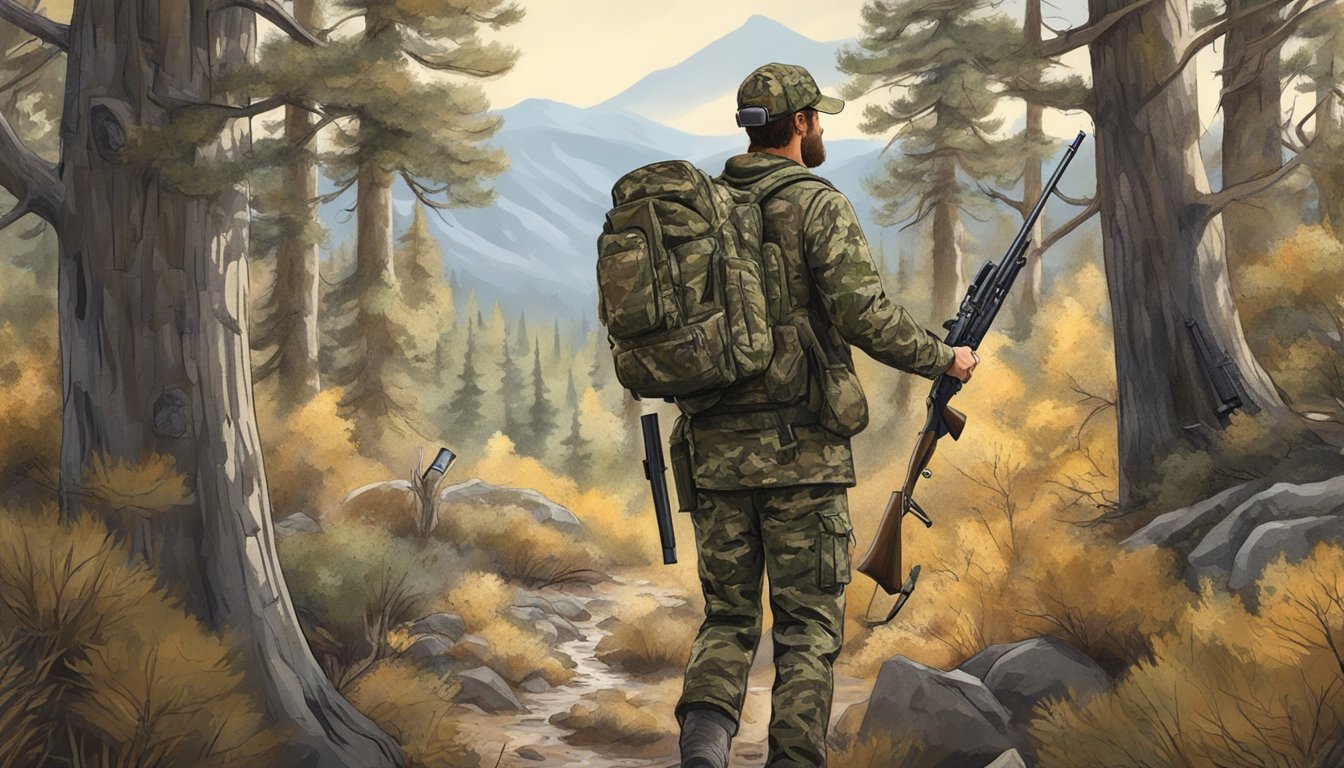 A hunter in camouflage navigating through a forest, with a rifle and hunting gear, following Nevada's hunting regulations