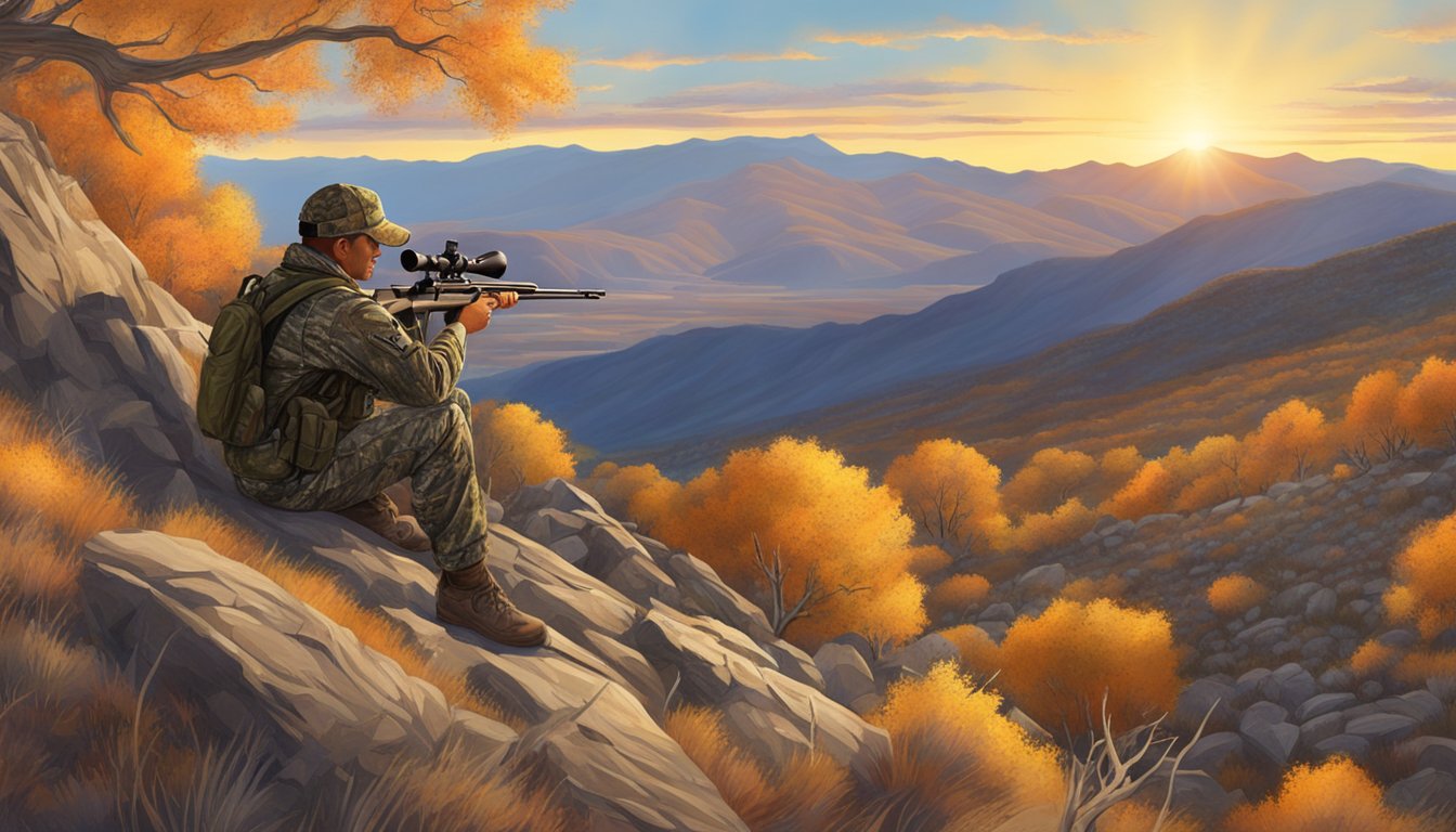 The autumn sun sets over a Nevada mountainside, as a hunter waits in a camouflaged blind, rifle at the ready