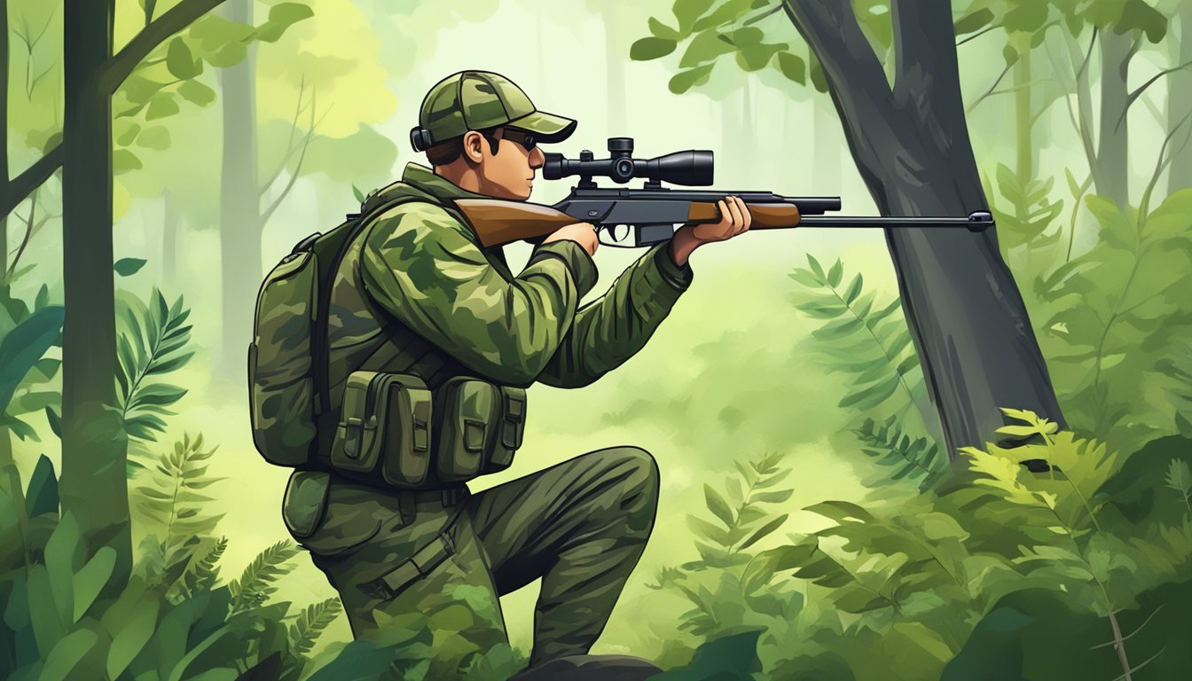 A hunter in camouflage gear with a rifle and binoculars in a forest clearing, surrounded by lush vegetation and the sound of wildlife