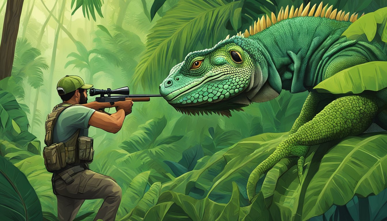 A hunter aiming at an iguana in a lush Puerto Rican forest