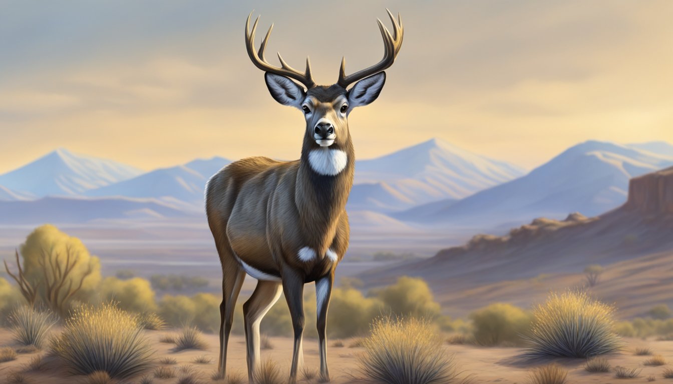 A male mule deer stands alert in the Nevada desert, ears perked, scanning the horizon for predators