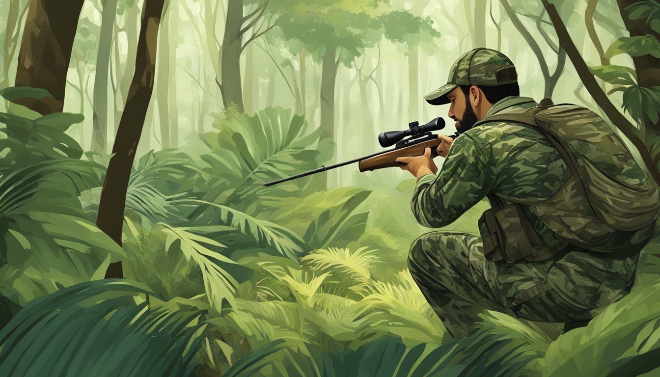 A hunter in camouflage aiming at a deer in the lush Puerto Rican forest, with a clear emphasis on safety and ethical hunting practices