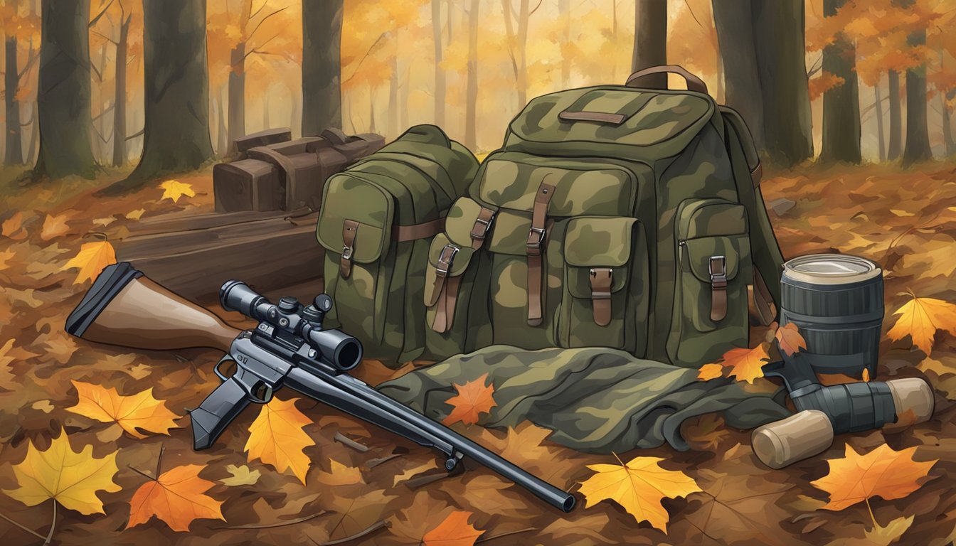 A hunter's backpack, rifle, and camouflage clothing laid out in a wooded clearing with autumn leaves scattered on the ground