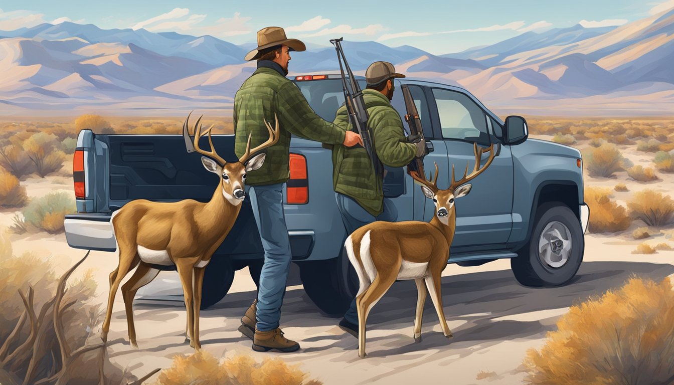 A hunter unloads a deer from a truck in the Nevada desert