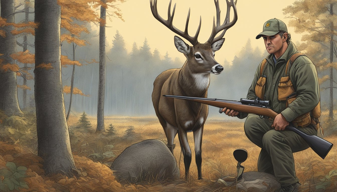 A hunter field dresses a deer in an Ohio forest clearing, with meat processing tools and a hunting rifle nearby