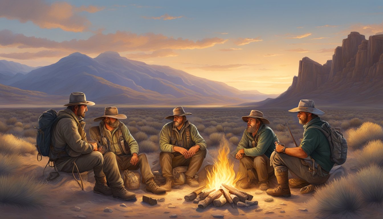 A group of hunters gather around a campfire in the Nevada desert, surrounded by mountains and scrubland. They prepare their gear and share stories before heading out for a day of deer hunting