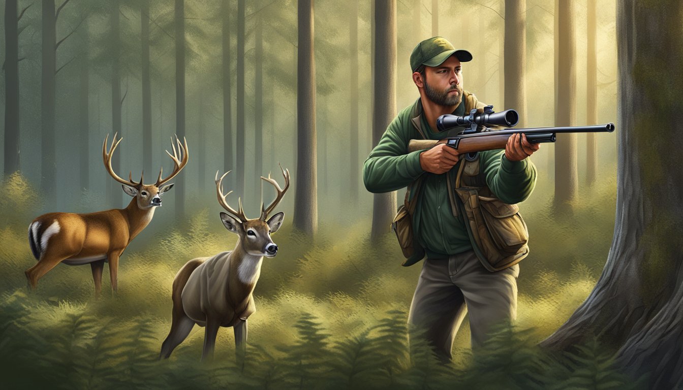 A hunter aiming a rifle at a large buck in a forest clearing