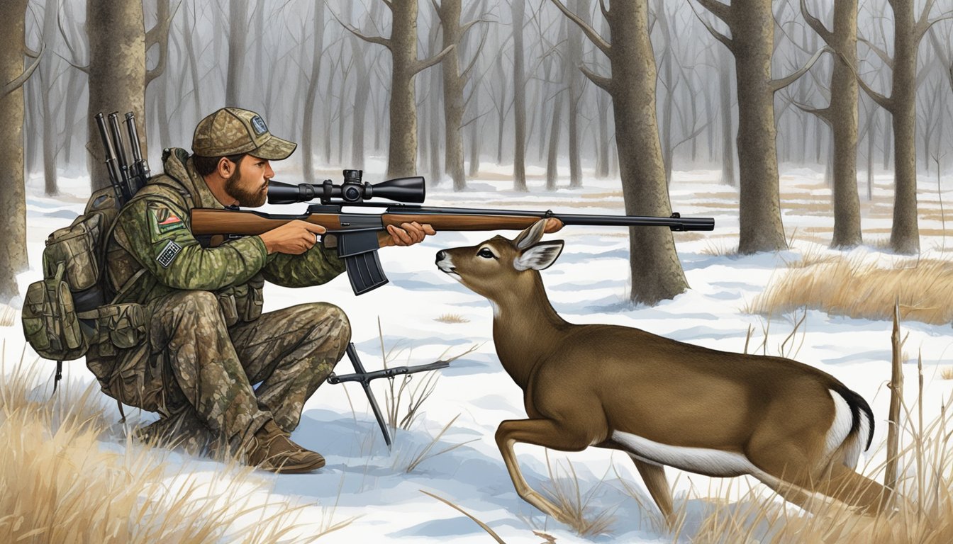 A hunter in camouflage aims a rifle at a grazing deer in the South Dakota woods