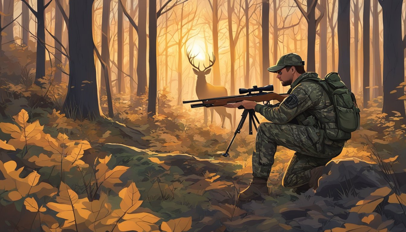 A hunter in camouflage gear aims a rifle at a deer in the Ohio woods. The sun sets behind the trees, casting long shadows on the forest floor