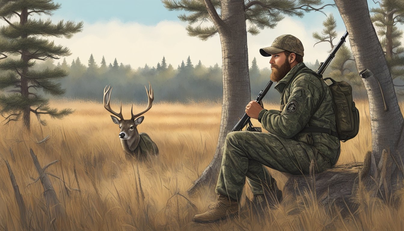 A hunter in South Dakota using a tree stand to wait for deer, surrounded by trees and brush