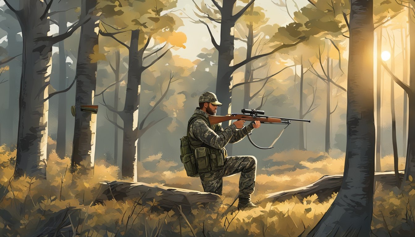 A hunter in camouflage gear stands in a wooded area, setting up a tree stand and arranging hunting equipment. The early morning sun filters through the trees