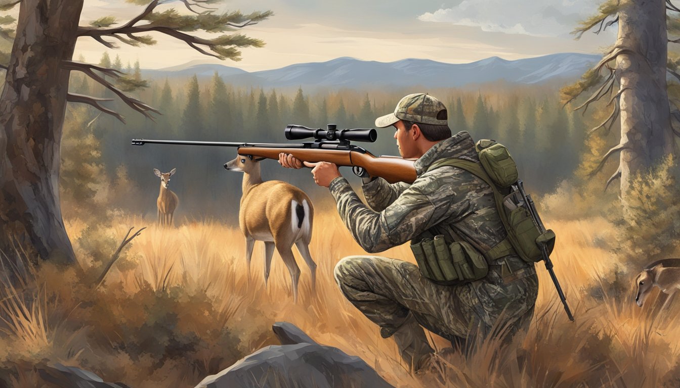 A hunter in camouflage aiming a rifle at a deer in the New Mexico wilderness during deer hunting season