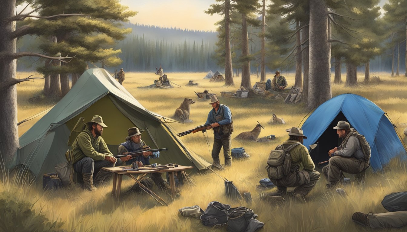 A group of hunters set up camp in the South Dakota wilderness, surrounded by trees and grassy fields, with their hunting gear and rifles laid out