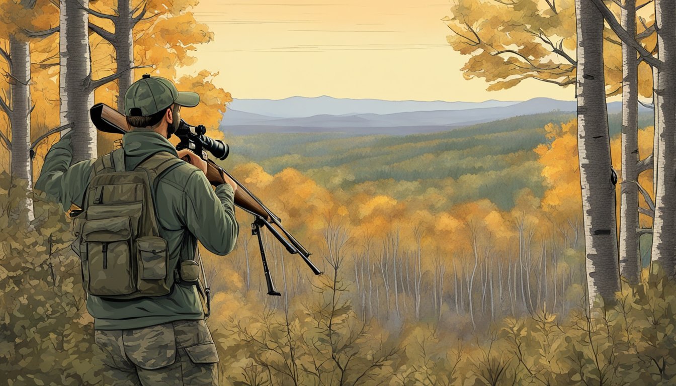 A hunter in camouflage stands in a wooded area, rifle in hand, scanning the horizon for deer in the South Dakota wilderness