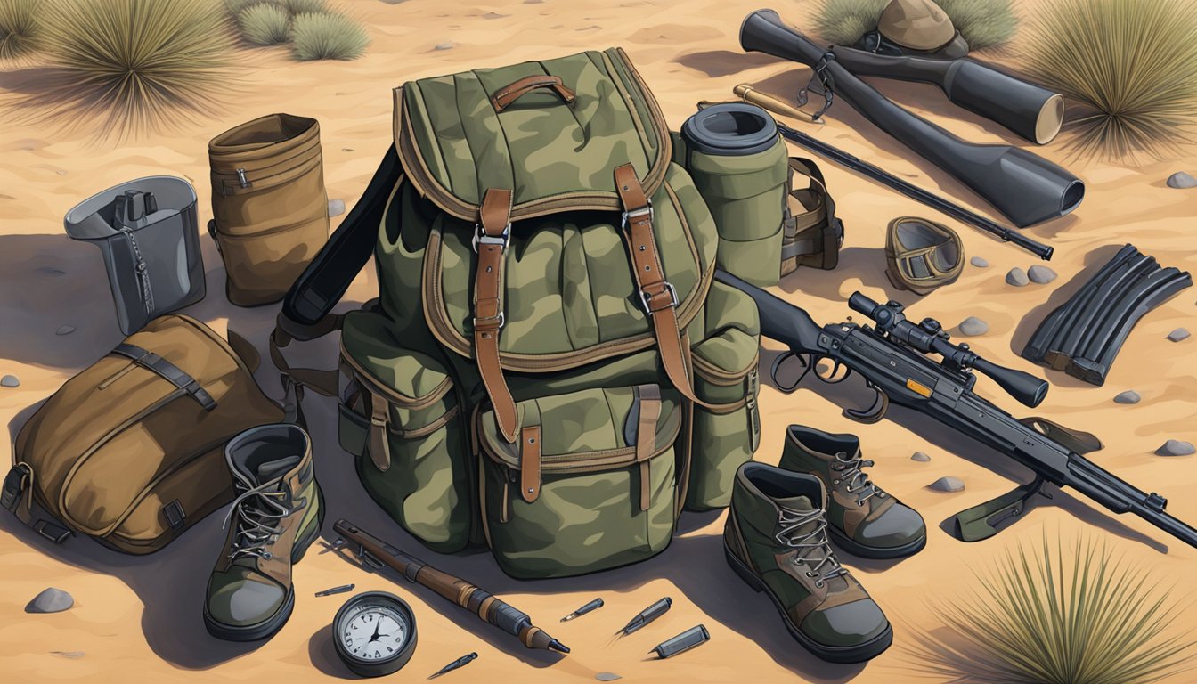 A hunter's backpack, rifle, and camouflage gear laid out in the desert of New Mexico