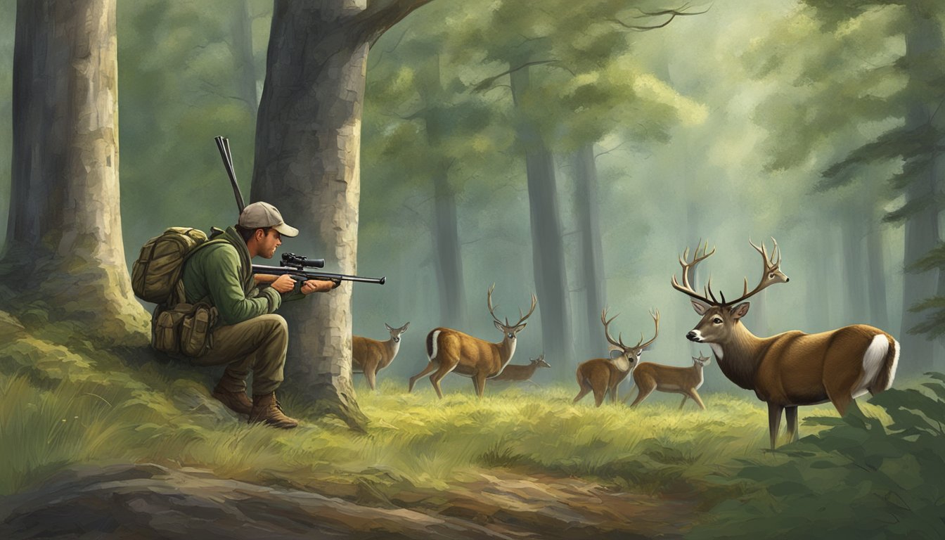 A hunter crouches behind a tree, bow in hand, watching a group of deer grazing in a Pennsylvania forest clearing