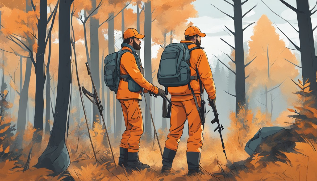 A hunter setting up a tree stand in a dense forest, wearing bright orange gear and carrying a rifle. Signs posted nearby outline hunting regulations