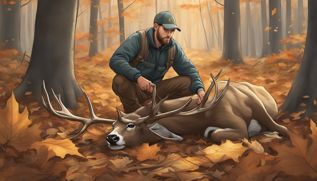 The hunter carefully cleans and prepares the deer carcass in the Pennsylvania forest, surrounded by fallen leaves and trees